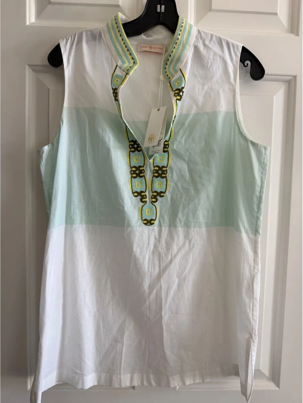 Tory Burch Isla Collins Stripe Tessa Tunic White Mint Green Embroidered Top Sz 6